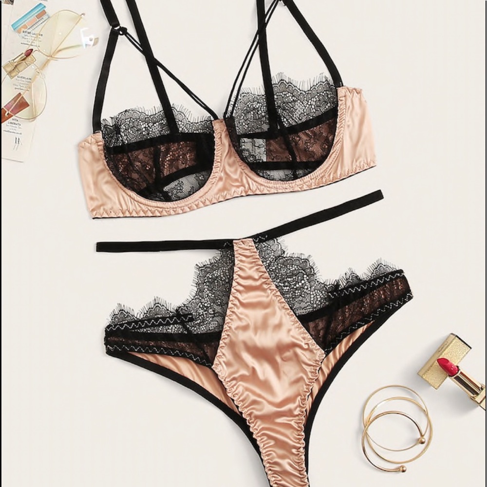 Champagne satin and black lace bra and panty set